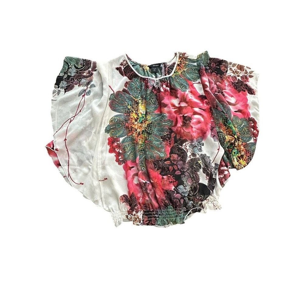 Ali Miles Floral Dolman‎ Sleeve Blouson Popover Tunic Large Smocked Sheer #EF3-4